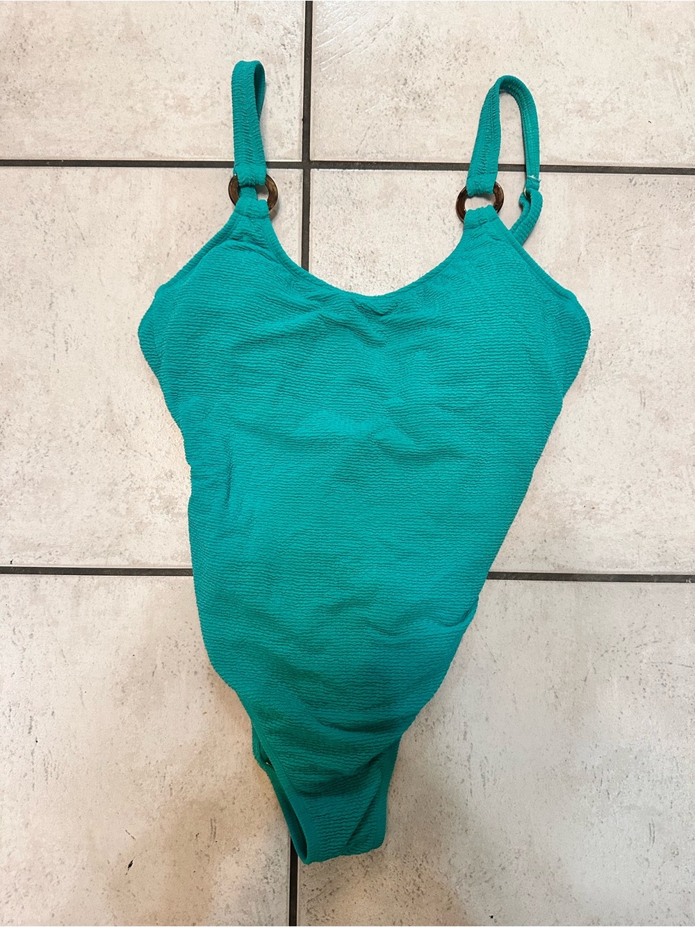 Shade & Shore Textured teal pucker textured one-piece swimsuit O-ring Small - Picture 2 of 10